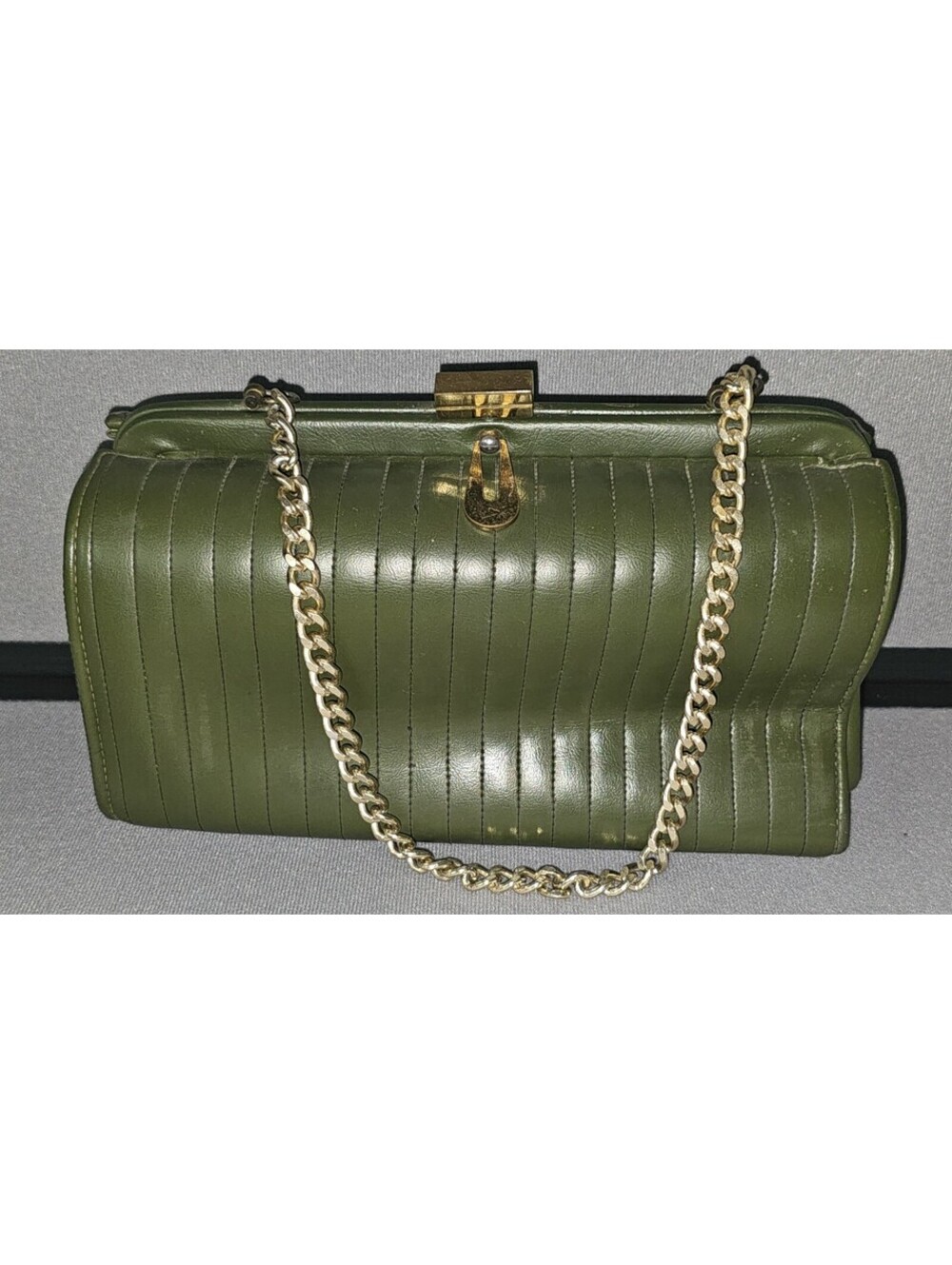 Vintage Empress Olive Green Leather Shoulder Bag with Gold Chain Strap
